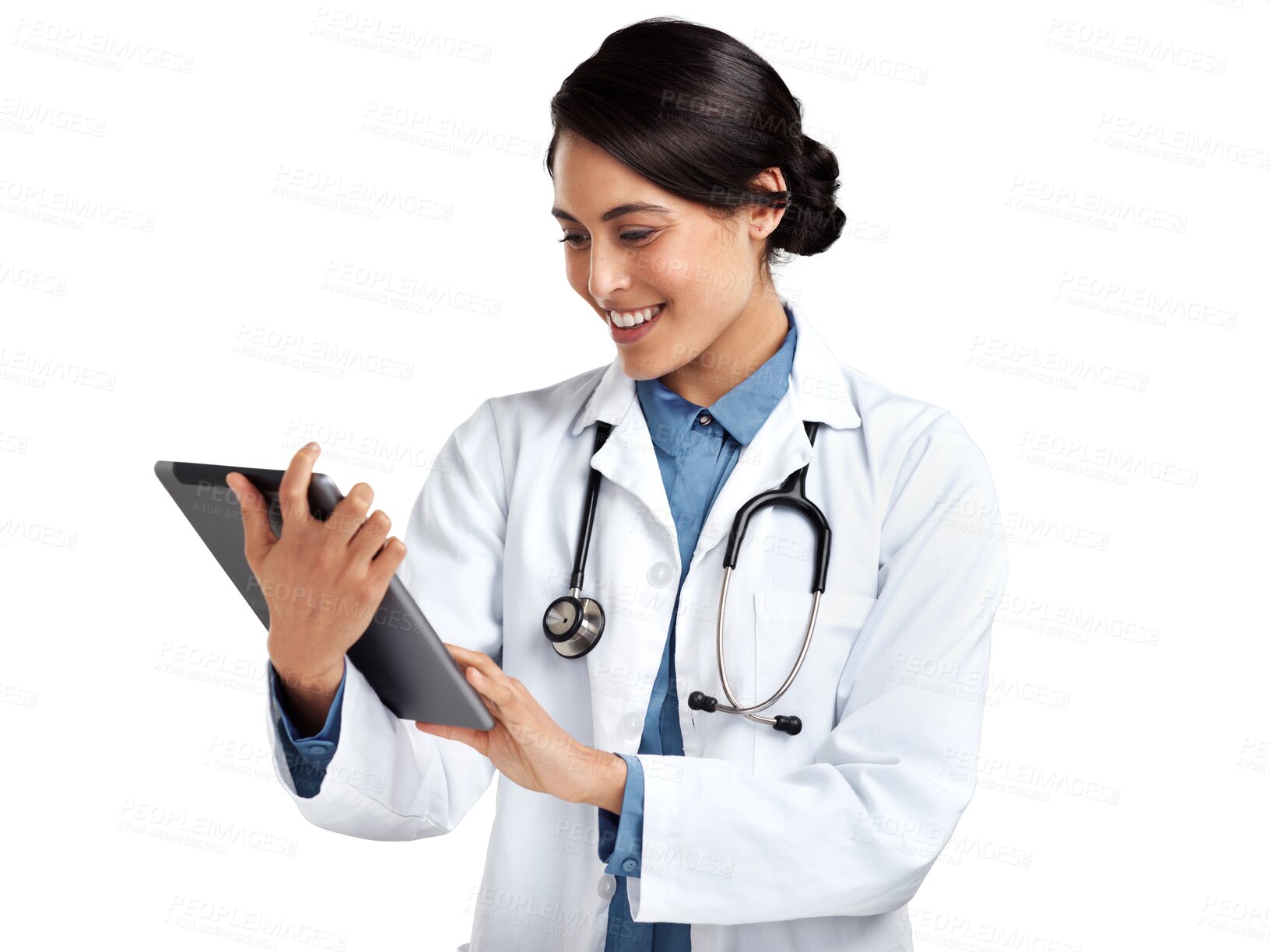 Buy stock photo Happy, doctor and a woman with a tablet and internet on transparent background for medical research. Healthcare, medicine and technology with person isolated on png for online information or results