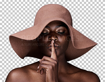 Buy stock photo Fashion, quiet and hat with a model black woman isolated on transparent background for a style secret. Beauty, silent or mystery with an attractive young female person in fashionable headwear on PNG