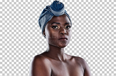 Buy stock photo Portrait, fashion and black woman with a head scarf, culture and model isolated on a transparent background. Face, female person and girl with skincare, turban and png with style, Kenya and beauty