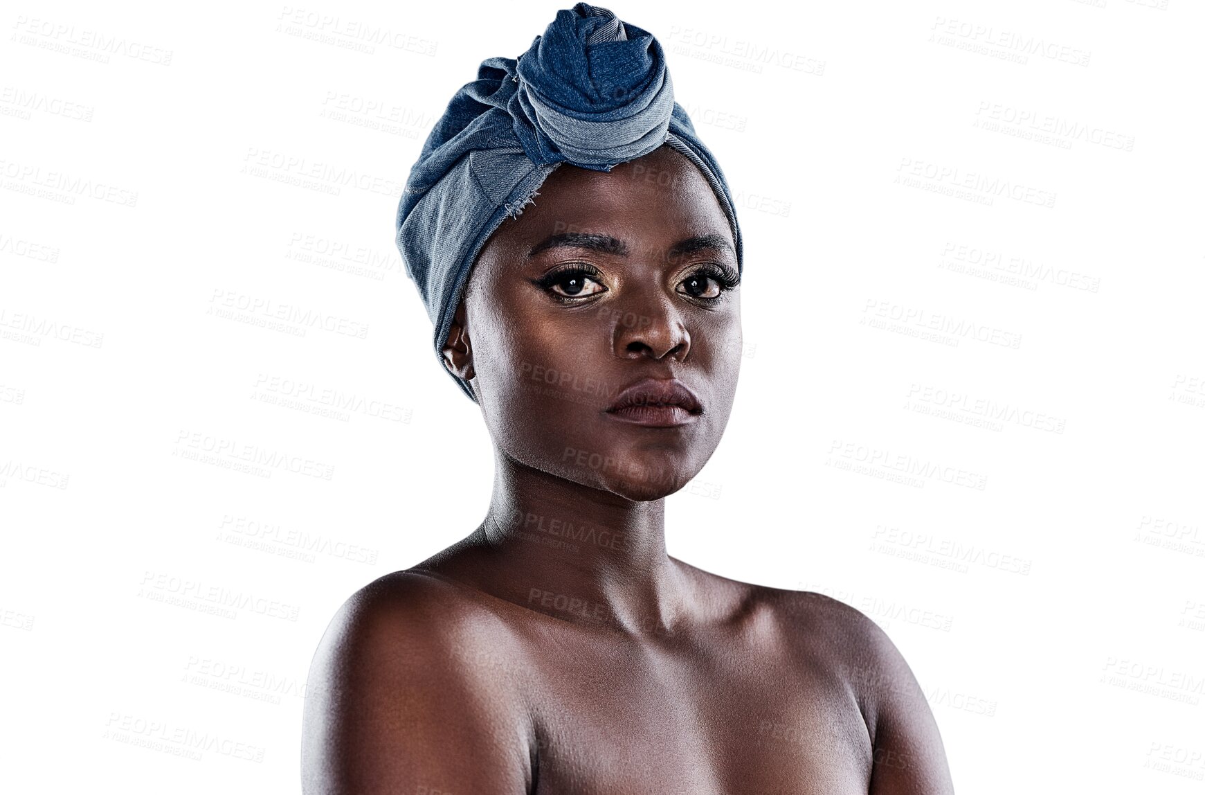 Buy stock photo Portrait, fashion and black woman with a head scarf, culture and model isolated on a transparent background. Face, female person and girl with skincare, turban and png with style, Kenya and beauty