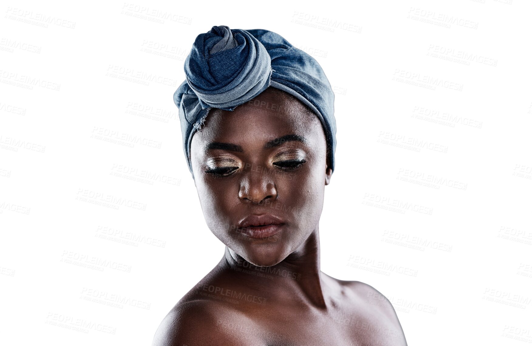 Buy stock photo Beauty, fashion and wrap with a black woman of tradition isolated on a transparent background for culture or style. Skincare, natural and head wear with an attractive young african model on PNG