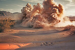 Dessert, apocalypse and explosion with cloud in desert for battle, fire and armageddon. Catastrophe, crisis and danger with attack with war strike in nature landscape for ai generated, nuke and power