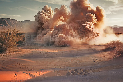 Dessert, apocalypse and explosion with cloud in desert for battle, fire and armageddon. Catastrophe, crisis and danger with attack with war strike in nature landscape for ai generated, nuke and power
