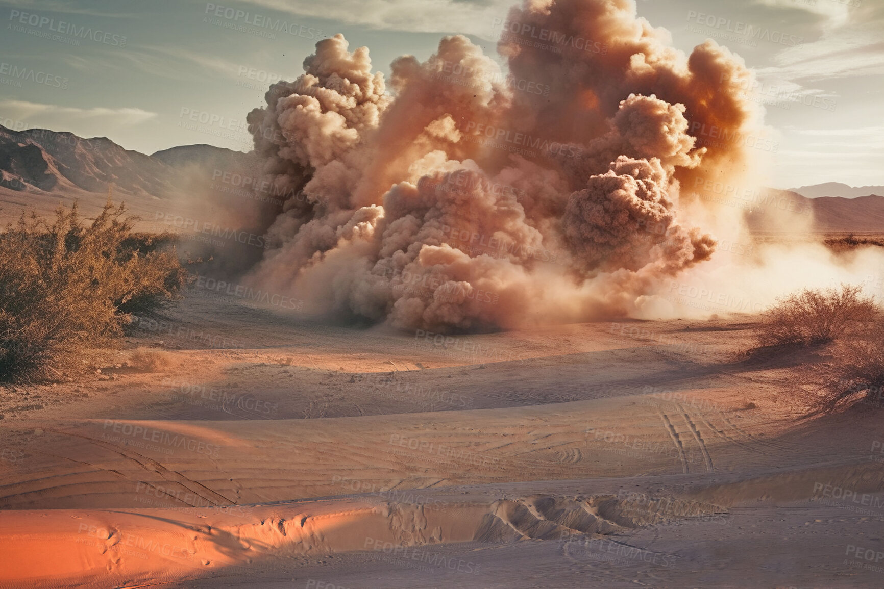 Buy stock photo Dessert, apocalypse and explosion with cloud in desert for battle, fire and armageddon. Catastrophe, crisis and danger with attack with war strike in nature landscape for ai generated, nuke and power