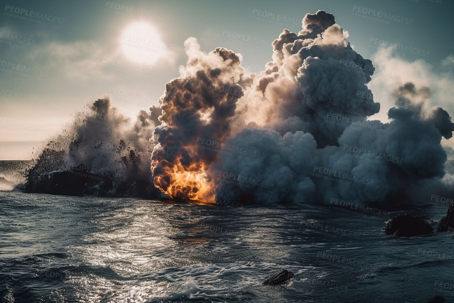 Buy stock photo Smoke, apocalypse and nuclear with explosion at sea for battle, fire and armageddon. Catastrophe, crisis and danger with attack with mushroom cloud for ai generated, atomic nuke and global warming