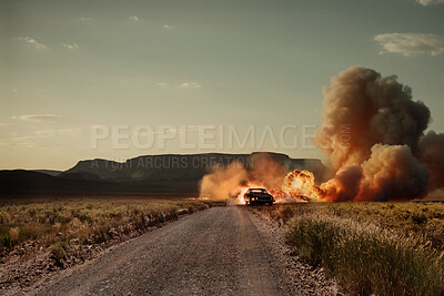Fire, apocalypse and explosion with car in countryside for action, danger and armageddon. Catastrophe, crisis and smoke with burning vehicle in nature for ai generated, terror and bomb accident