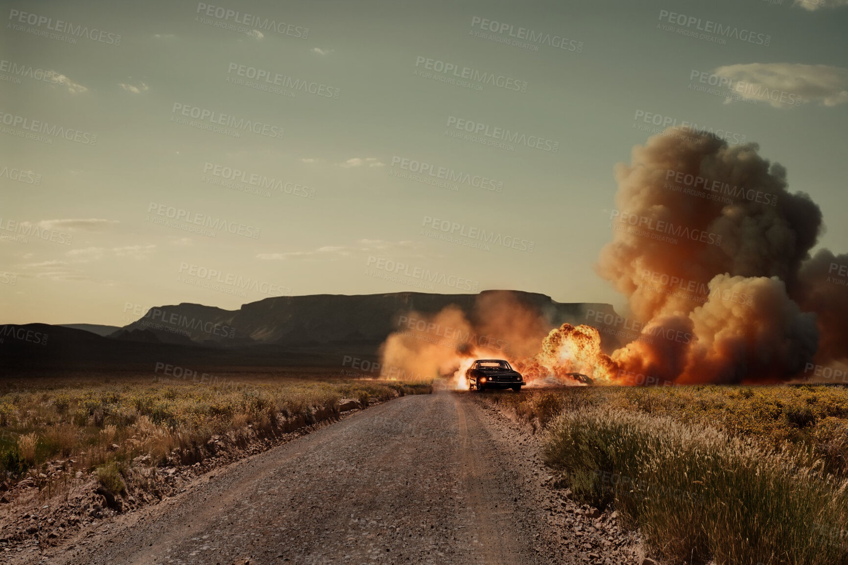 Buy stock photo Fire, apocalypse and explosion with car in countryside for action, danger and armageddon. Catastrophe, crisis and smoke with burning vehicle in nature for ai generated, terror and bomb accident