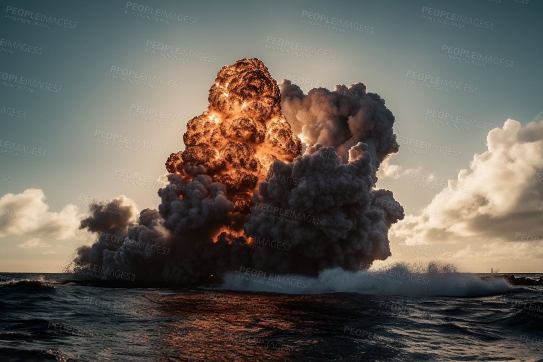 Buy stock photo Danger, apocalypse and nuclear with explosion at sea for battle, fire and armageddon. Catastrophe, crisis and smoke with attack with mushroom cloud for ai generated, atomic nuke and global warming