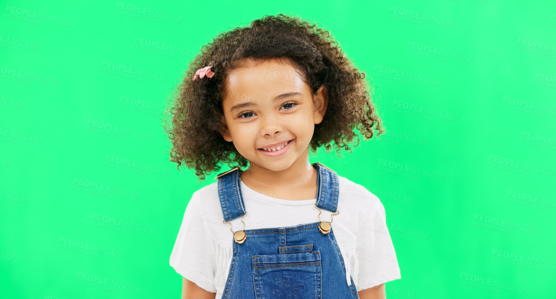 Buy stock photo Girl, happy and portrait on green screen with smile, marketing and mockup in studio background. Mexican child, face and kindergarten with fashion aesthetic for advertising, clothes and positive kid
