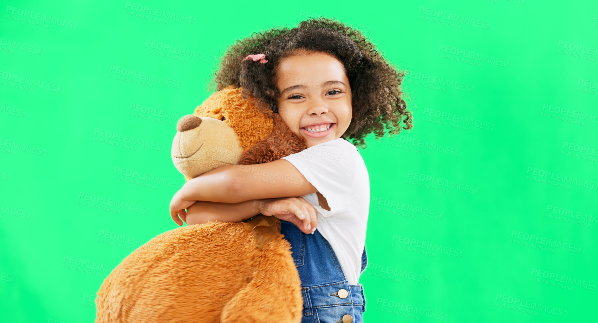 Buy stock photo Happy, little girl and hugging teddy bear on green screen of cute innocent child isolated against studio background. Portrait of adorable kid smile with soft toy hug for childhood on chromakey mockup