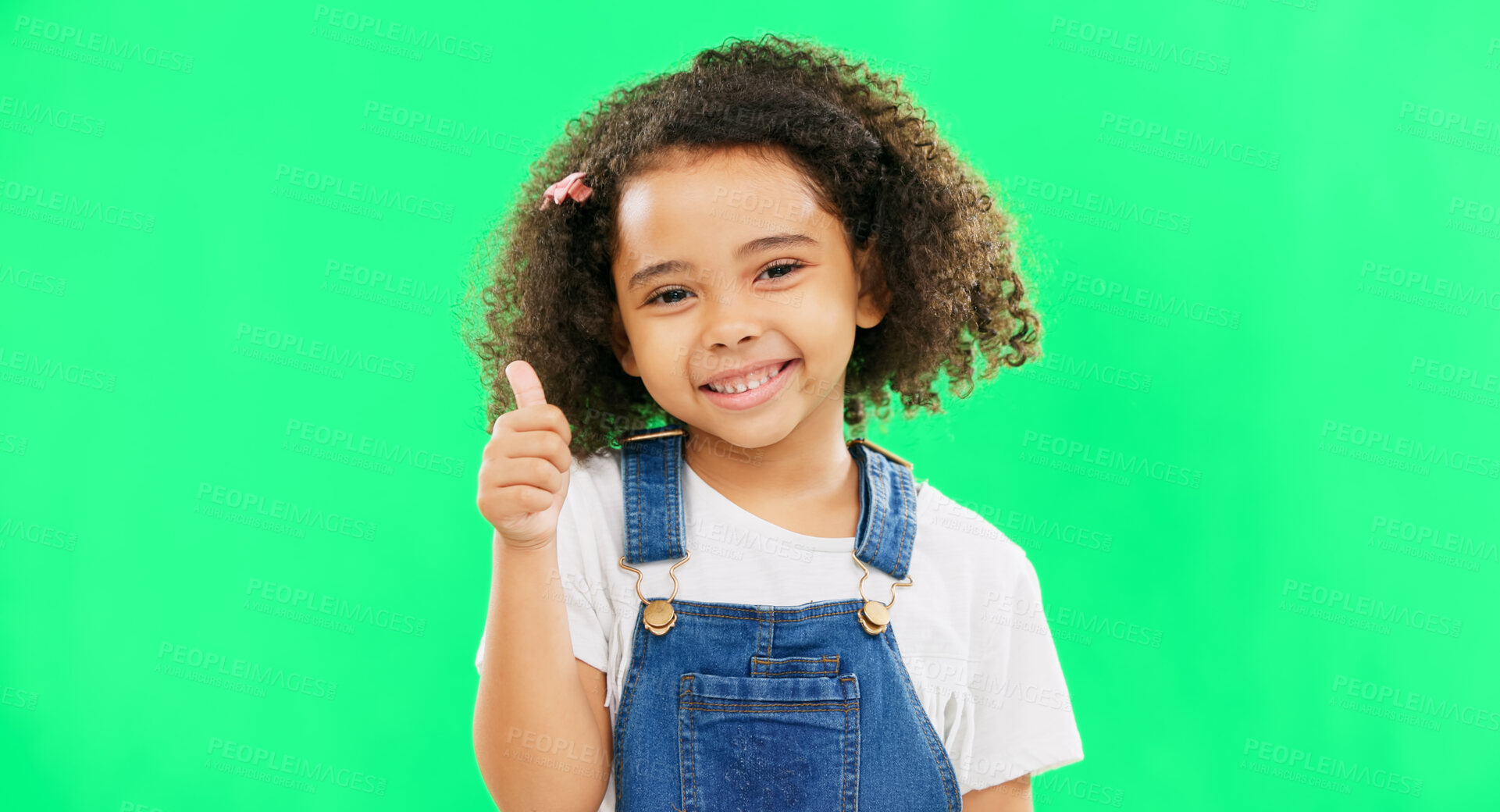 Buy stock photo Happy, green screen and face of a child with a thumbs up isolated on a studio background. Winning, success and portrait of a girl kid with an emoji hand gesture for motivation, yes and agreement