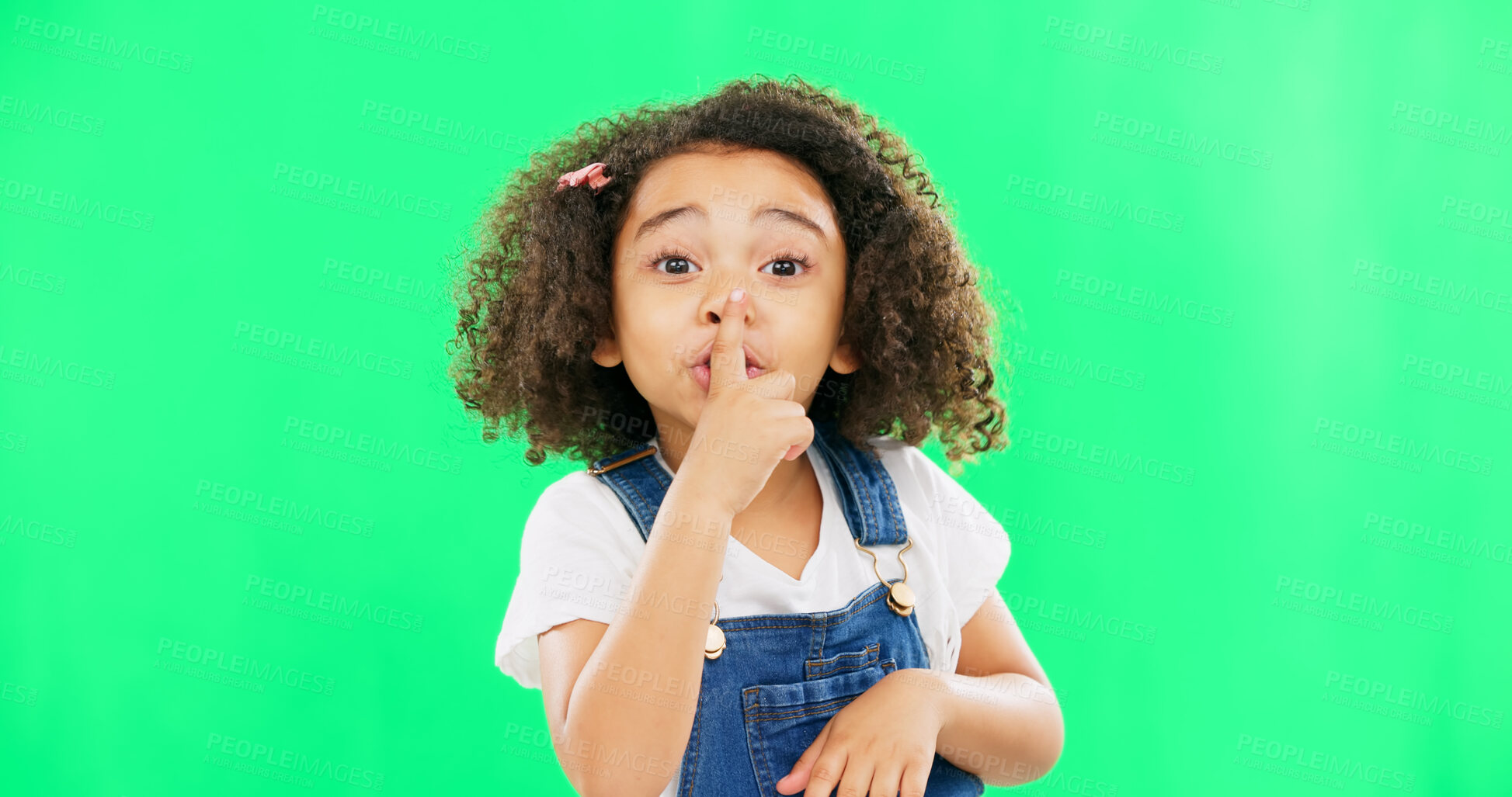 Buy stock photo Face, green screen and child with finger on lips for quiet, silence or shush gesture on studio background. Noise, whisper and girl portrait with secret, emoji and hand symbol while posing isolated