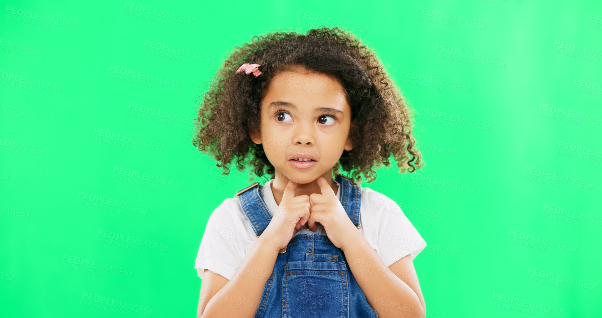 Buy stock photo Child, thinking and nervous girl on green screen background with hands on chin and confused face. Black kid in studio with space for mockup wondering about question, doubt and idea or think emoji