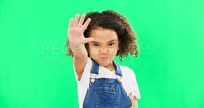 Angry child, stop and hand on green screen background with emoji and attitude. Black kid portrait in studio with space, mockup and sign for warning, power and protest to reject, defence or decline