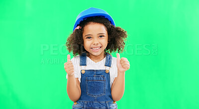 Little girl, thumbs up and construction with safety helmet on green screen for good job against a studio background. Portrait of architect kid showing thumb emoji, yes or like for success on mockup