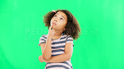 Thinking, idea and green screen with young girl in a studio contemplating and relax planning. Question, youth thought and kid with ideas and creative vision feeling curious with contemplation