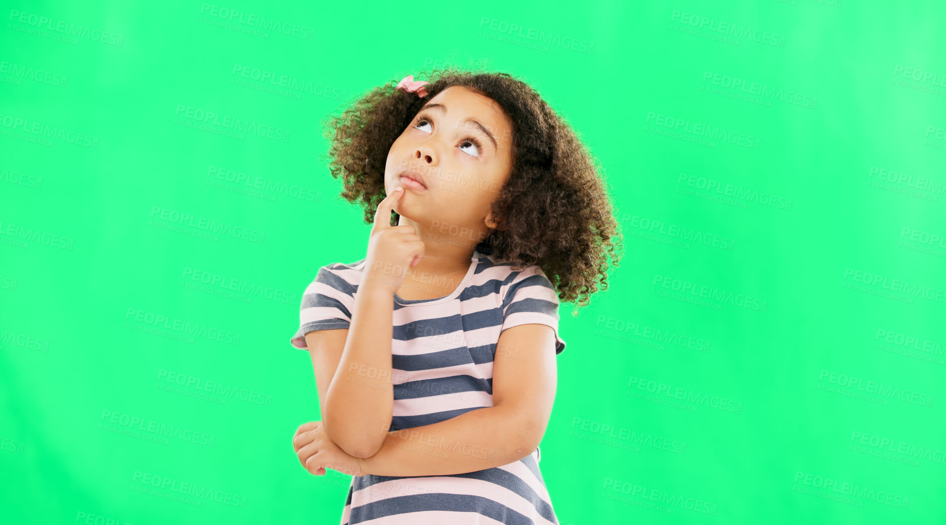 Buy stock photo Green screen, girl kid and thinking face, inspiration and ideas, future or dream with solution isolated on studio background. Decision, question with problem solving and remember, insight and curious