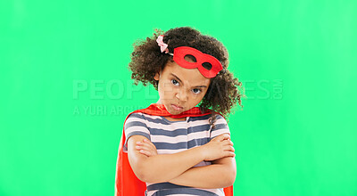 Buy stock photo Child, superhero and hand on green screen to stop crime and fight with fantasy, dream or cosplay costume. Girl power, hero and pretend game with strong kid portrait to protect freedom of imagination