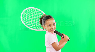 Buy stock photo Happy girl, child and tennis racket on green screen in fitness, sports or game against a studio background. Portrait of female person, little athlete or kid smile for sport match on mockup space
