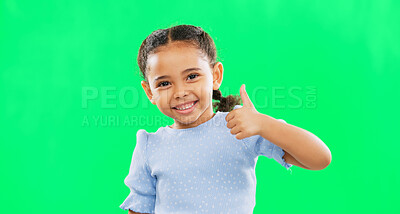 Buy stock photo Happy, thumbs up and portrait of child by green screen in studio with cute and innocent personality. Excited, smile and girl kid with positive or approval hand gesture by chromakey background.