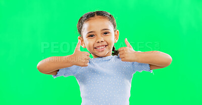 Buy stock photo Smile, thumbs up and portrait of child by green screen in studio with cute and innocent personality. Excited, happy and girl kid with positive or approval hand gesture by chromakey background.