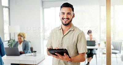 Face, tablet and happy man in office startup, creative business or busy office for digital career mission. Smile of workplace manager, employee or person with technology app for workflow management