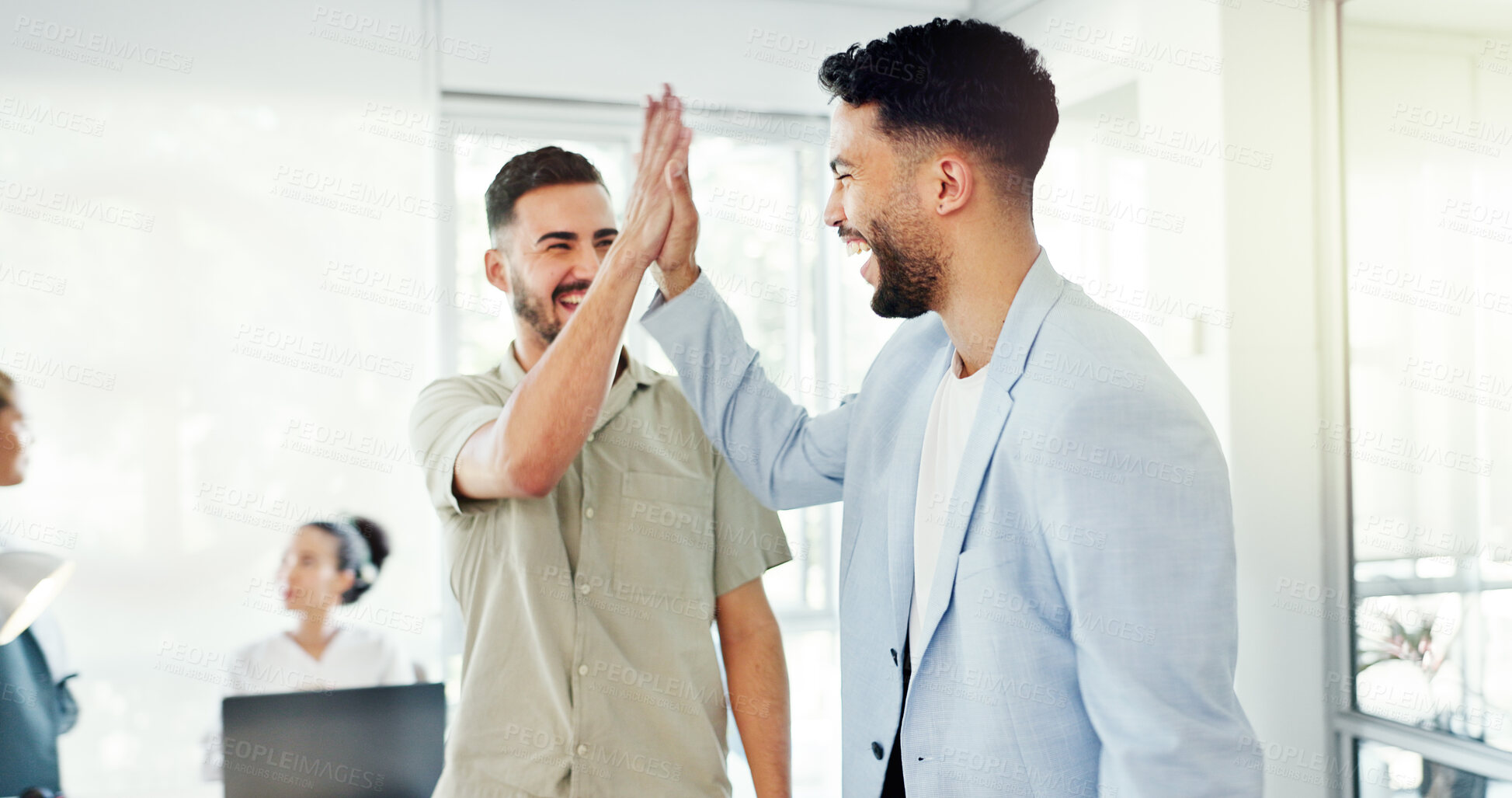 Buy stock photo Business people, high five and success in office for goals, achievement and news of marketing, sales or startup profit. Happy, excited men with hands together, celebration and motivation or teamwork