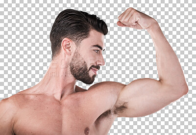 Arm muscle, strong man and body, face profile with health and fi