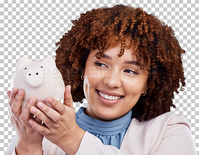 Piggy bank, savings and woman thinking of banking or investment isolated on transparent, png background. African business person with budget ideas, financial management and money safety or security