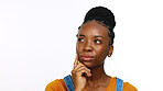 Thinking, confused and portrait of a black woman with an idea isolated on a white background. Planning, strategy and African girl with doubt about a solution, inspiration and wondering about a plan