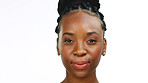 Face, smile with a black woman in studio isolated on a white background for fun or humor. Portrait, happy and smiling with an attractive young female enjoying a joke or funny meme