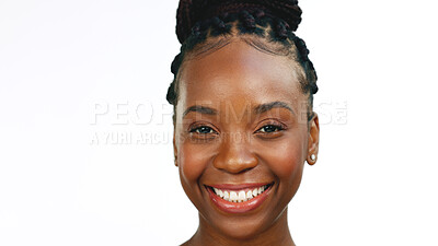 Face, smile and laughter with a black woman in studio isolated on a white background for fun or humor. Portrait, happy and laughing with an attractive young female enjoying a joke or funny meme