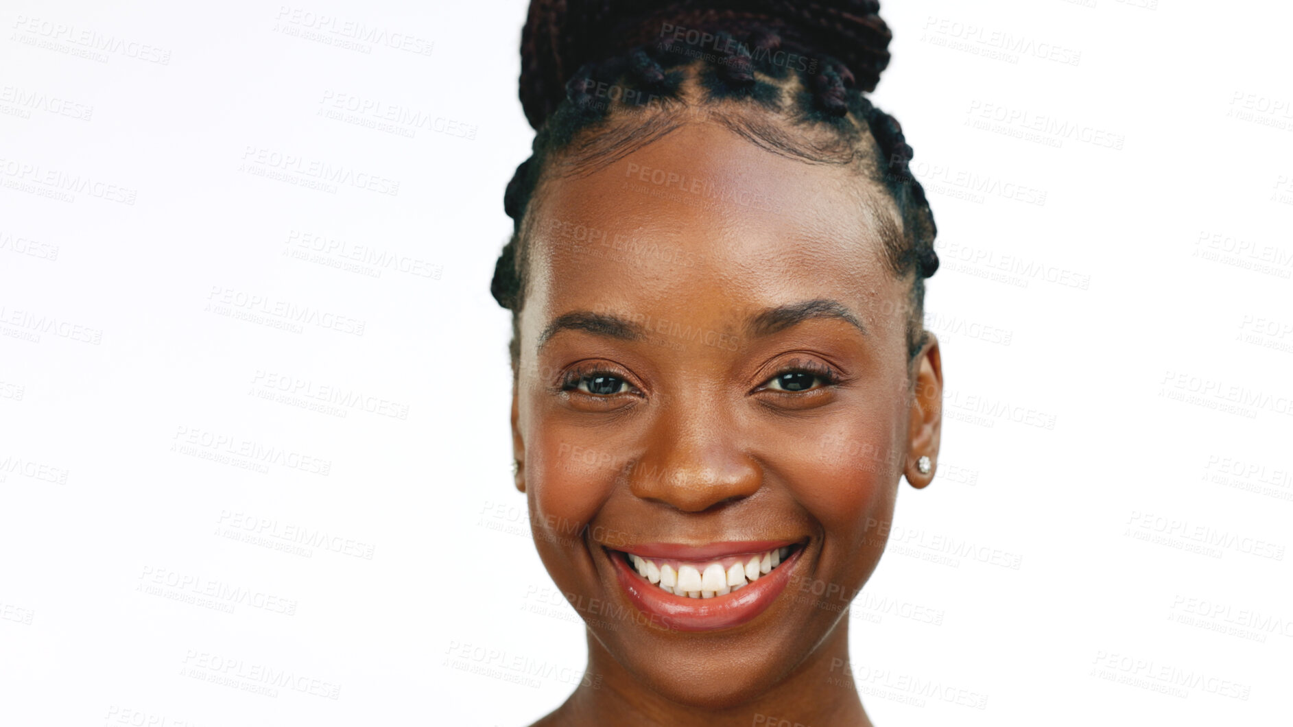 Buy stock photo Portrait, smile and a happy black woman in studio isolated on a white background for self care. Face, beauty or skincare and confident, natural or perfect young model looking satisfied with cosmetic