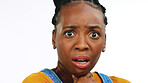 Face, fear, shocked, concerned and worried with a black woman in studio isolated on a white background looking afraid. Portrait, scared with a young female feeling alone, helpless or overwhelmed by emotions