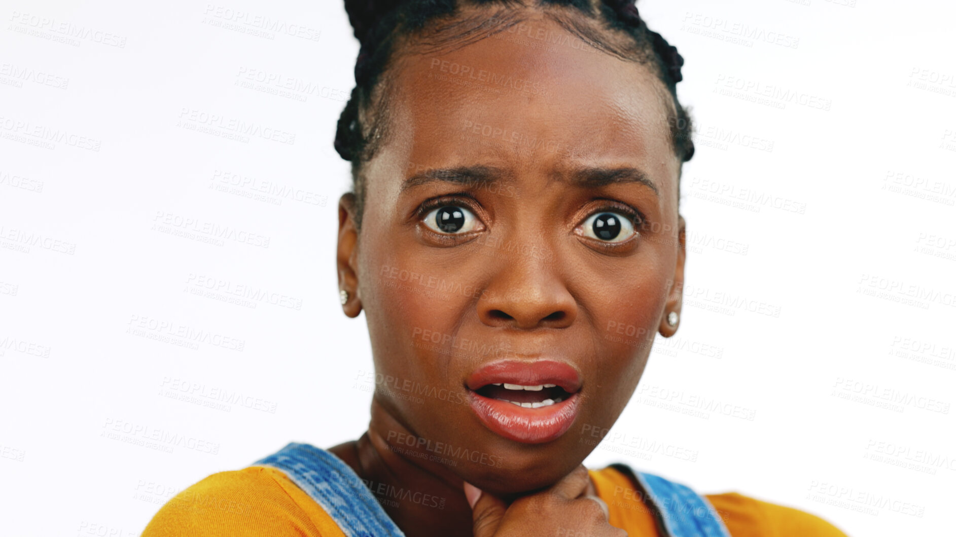 Buy stock photo Fear, anxiety and portrait of black woman in studio scared, nervous or danger on white background. Stress, risk and face of African female model surprised by fake news, announcement or conflict