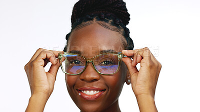 Face, black woman and glasses for clear vision, excited and happy girl isolated on white studio background. Portrait, African American female and lady with eyewear, smart or confident with spectacles