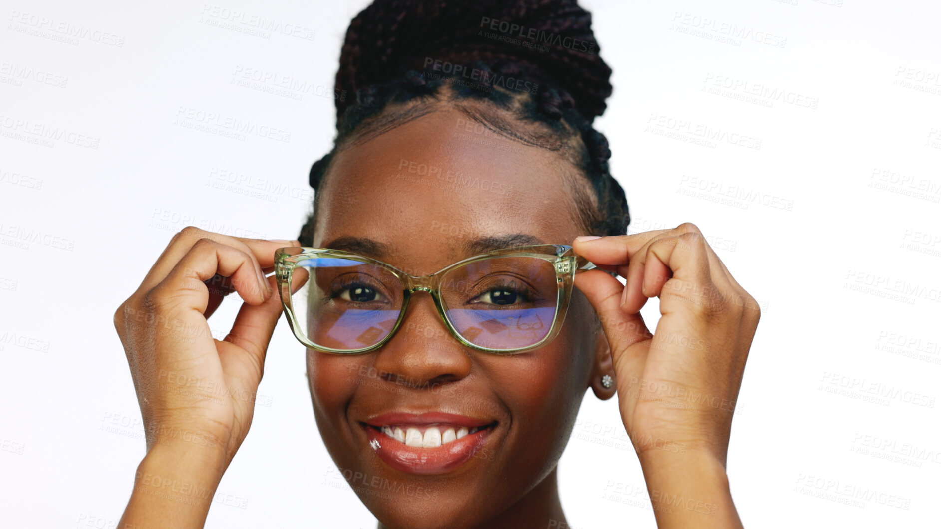 Buy stock photo Glasses, happy and portrait of woman in studio smile for optometry, vision and eyesight. Eye care, African and face of isolated excited person in eyewear, fashion frames and lens on white background