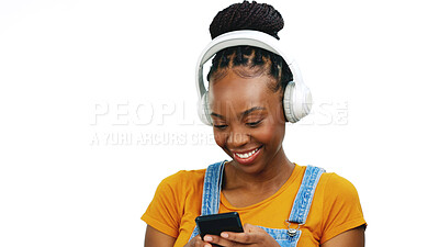 Black woman listening to music with headphones, smartphone and dancing isolated on white background. Happy female, radio streaming with fun and enjoy playlist with audio subscription and mockup