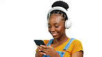 Happy female, radio streaming with fun and enjoy playlist with audio subscription and mockup. Black woman listening to music with headphones, smartphone and dancing isolated on white background.