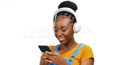 Happy female, radio streaming with fun and enjoy playlist with audio subscription and mockup. Black woman listening to music with headphones, smartphone and dancing isolated on white background.