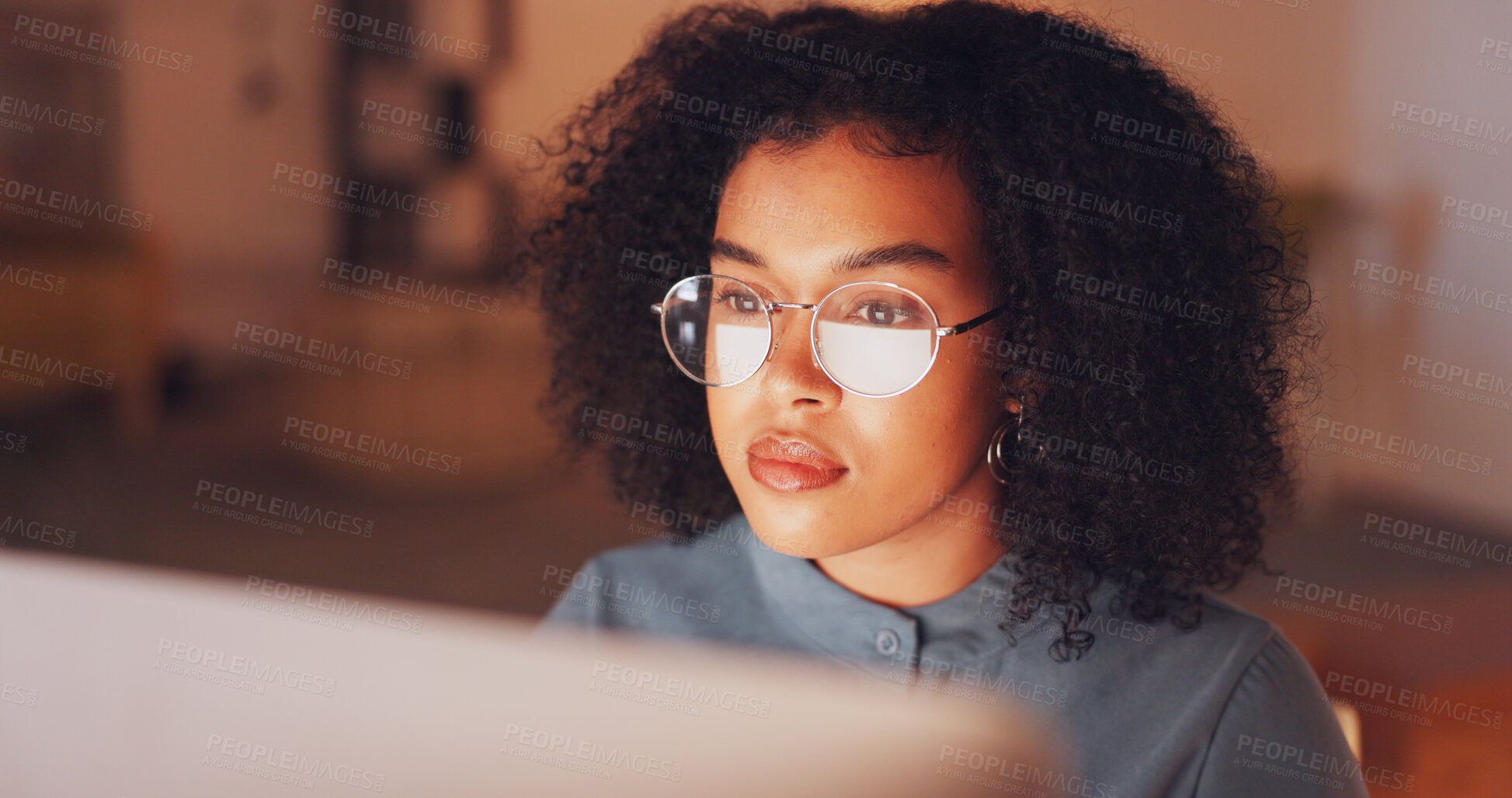 Buy stock photo Glasses, computer and woman in office at night working on creative project with deadline. Reading, technology and professional female designer doing research on desktop for overtime in workplace.