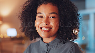 Buy stock photo Night, business and portrait of happy woman in dark office for overtime project, creative planning and career. Startup, professional and businesswoman face with smile at digital agency working late.