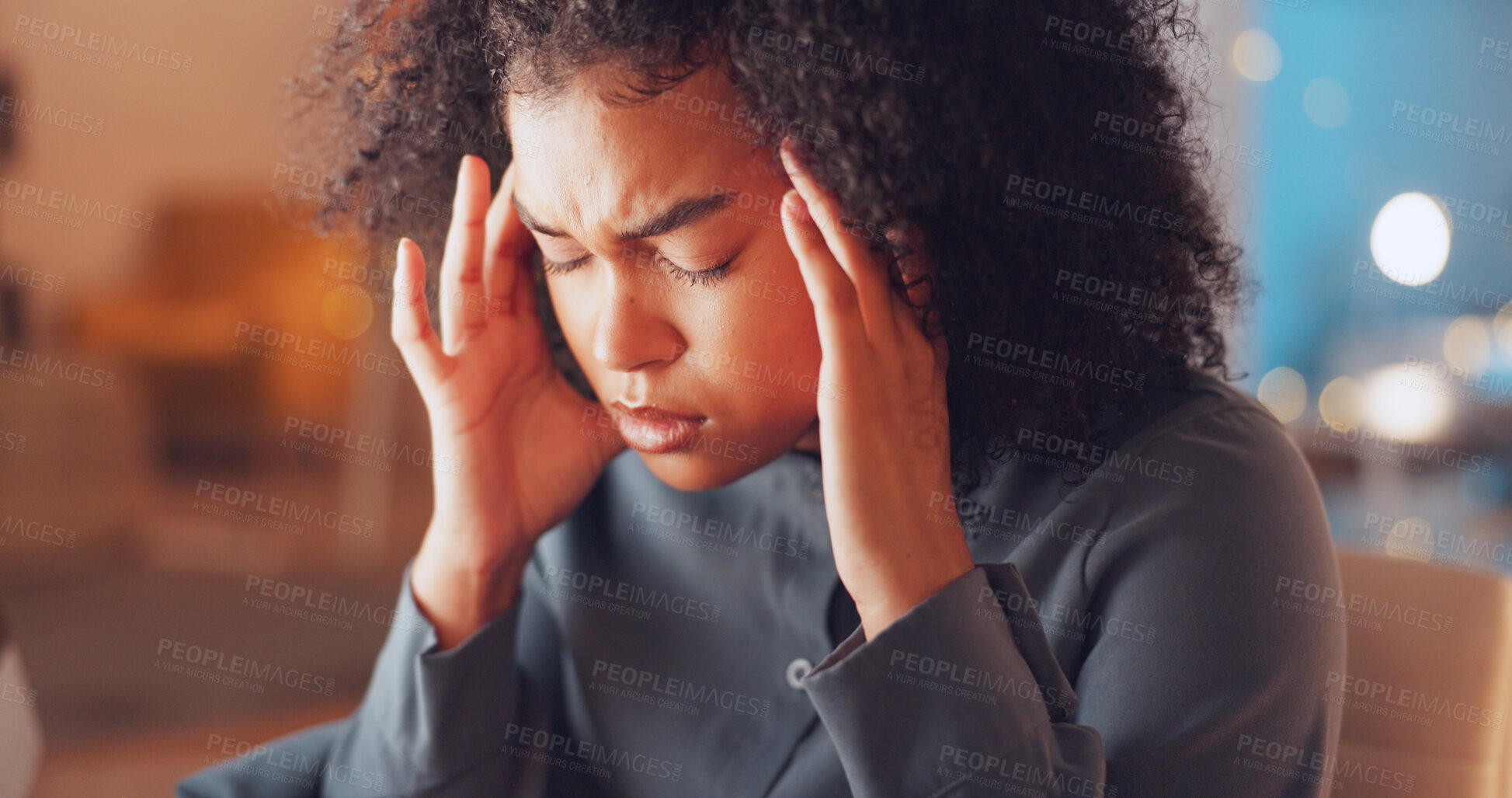 Buy stock photo Stress, night and woman with a headache, business and pain with deadline, overworked and consultant. Person, worker and employee with migraine, evening and workflow crisis with burnout in a workplace