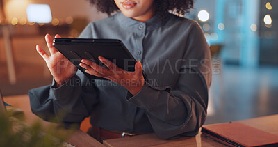 Scrolling, tablet and hands of woman in office at night for research, overtime and analysis. Technology, internet and information with employee browsing online for connection, website and deadline