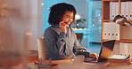 Call center, night and computer of woman, agent or consultant global discussion, tech support or online service. Friendly biracial person or business telecom worker in virtual conversation on laptop