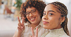 Woman, friends and peace sign for selfie, vlog or profile picture together with facial expression at home. Happy women smiling for photo, memory or funny online social media post in friendship
