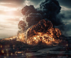 War, army and fire with explosion on battlefield for danger, military attack and action. Ai generated, disaster and smoke with cloud from bomb strike for destruction, apocalypse and marine service