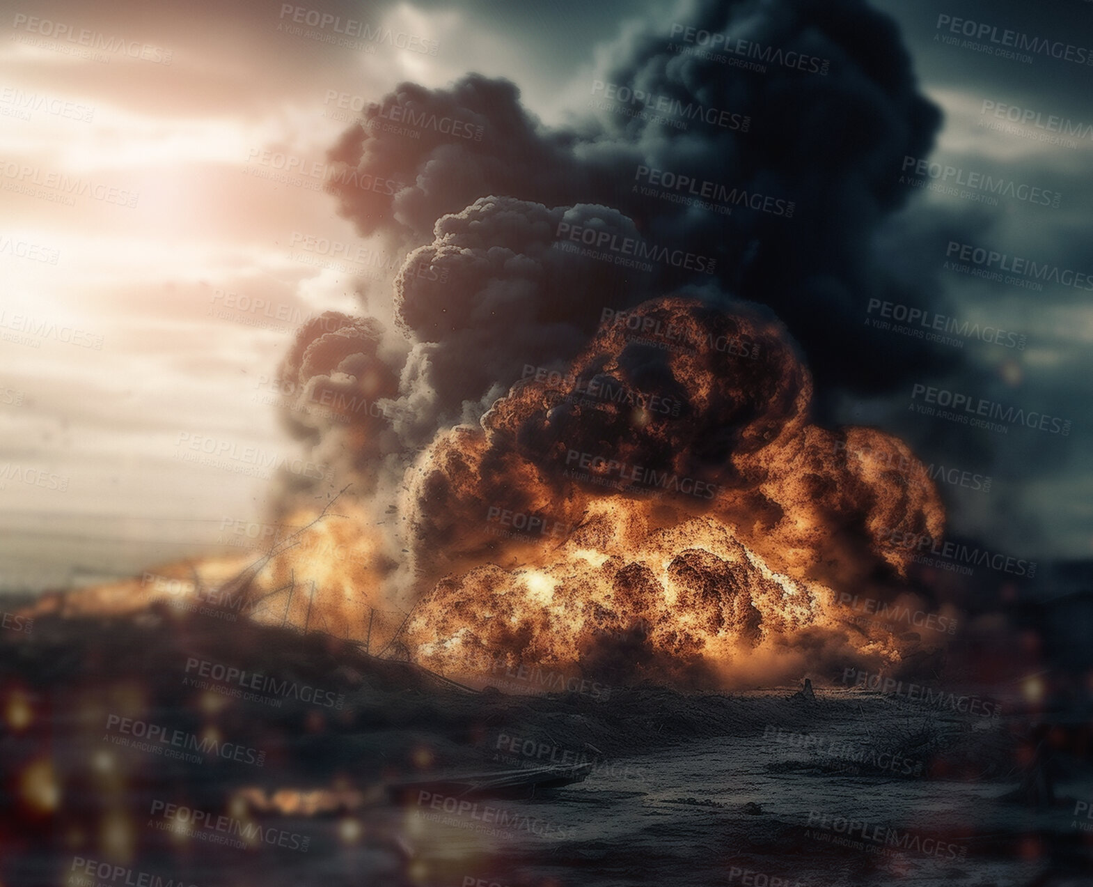 Buy stock photo War, army and fire with explosion on battlefield for danger, military attack and action. Ai generated, disaster and smoke with cloud from bomb strike for destruction, apocalypse and marine service