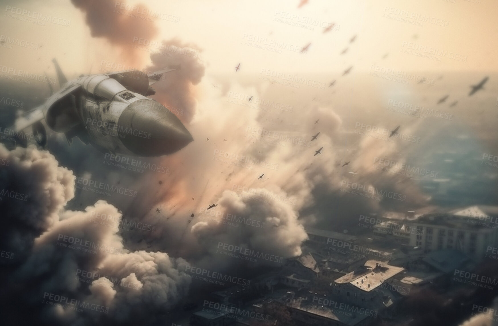 Buy stock photo War, army and flight with plane and explosion in sky for danger, military and action. Ai generated, disaster and smoke with fighter jet and bomb strike for camouflage, apocalypse and marine service