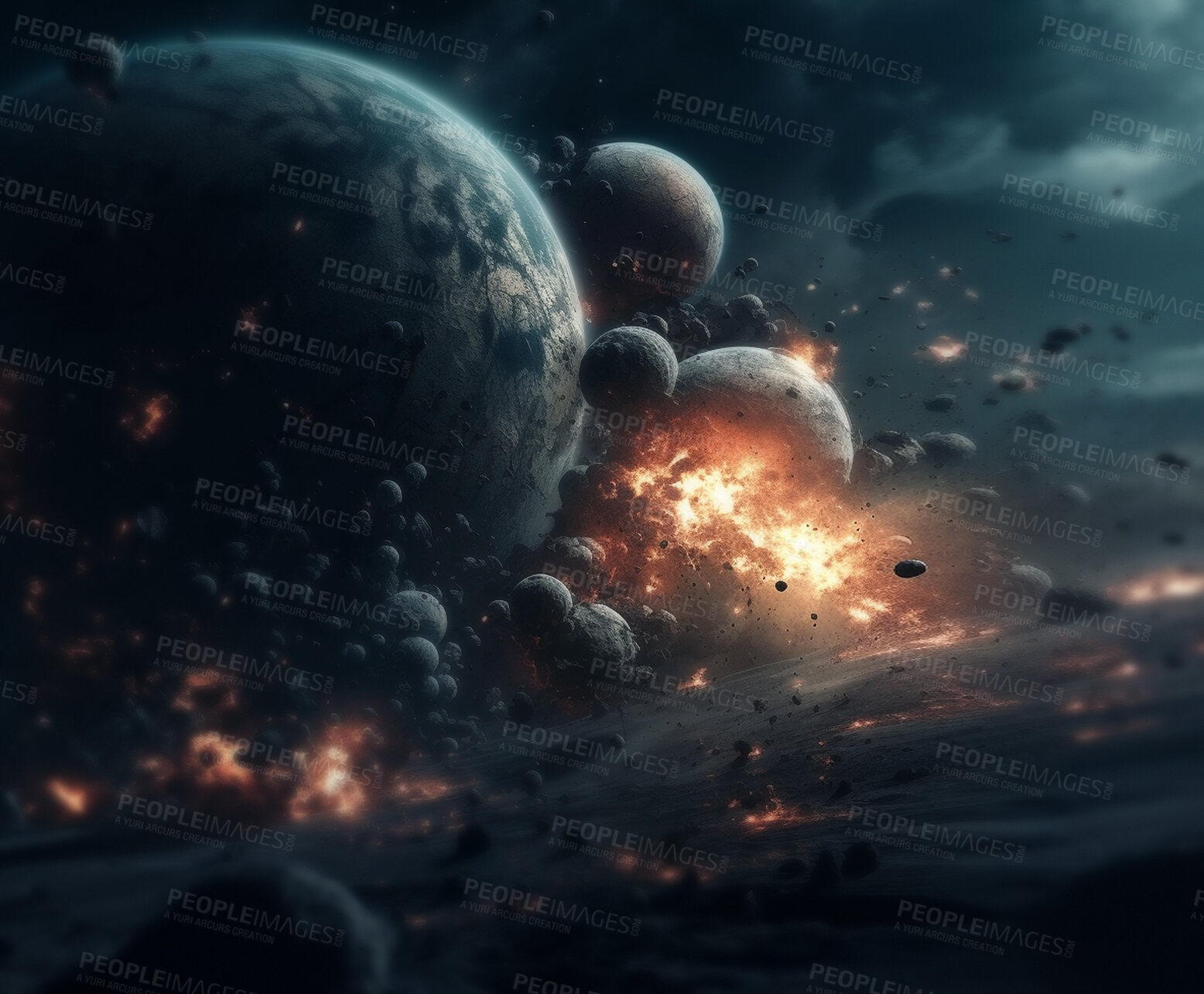 Buy stock photo Galaxy, universe and planets with asteroid explosion astrology, nebula and fantasy. Ai generated, sci fi and astronomy with cosmos and stars for solar system, apocalypse and celestial background